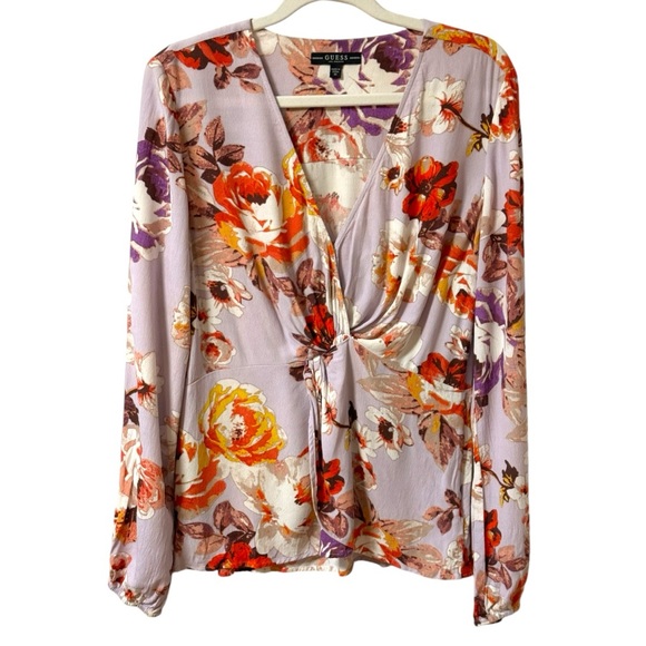 Guess Tops - Guess Chava Twist Front Top Blouse Purple Lavender Floral Medium Long Sleeve